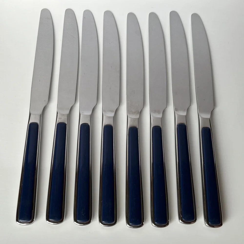 Set of 8 Seed Inox France Stainless Steel Dinner Knives Blue Handle